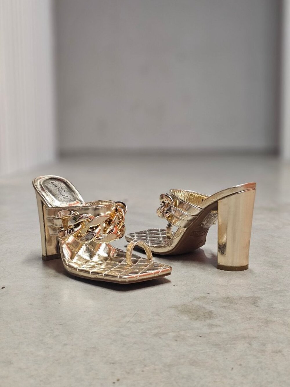 Gold Block Heel Chain Quilted Open Toe Mules For Women By Lovmark - Picture 3 of 14